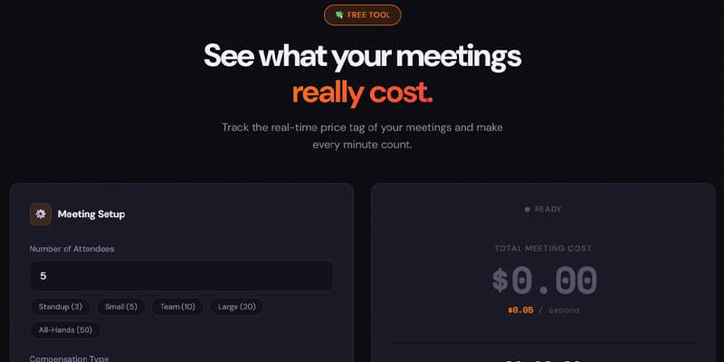 Meeting Price Tag homepage with the live cost calculator