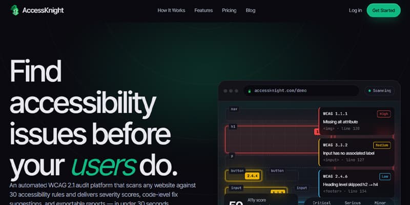 AccessKnight homepage hero showcasing the WCAG audit dashboard
